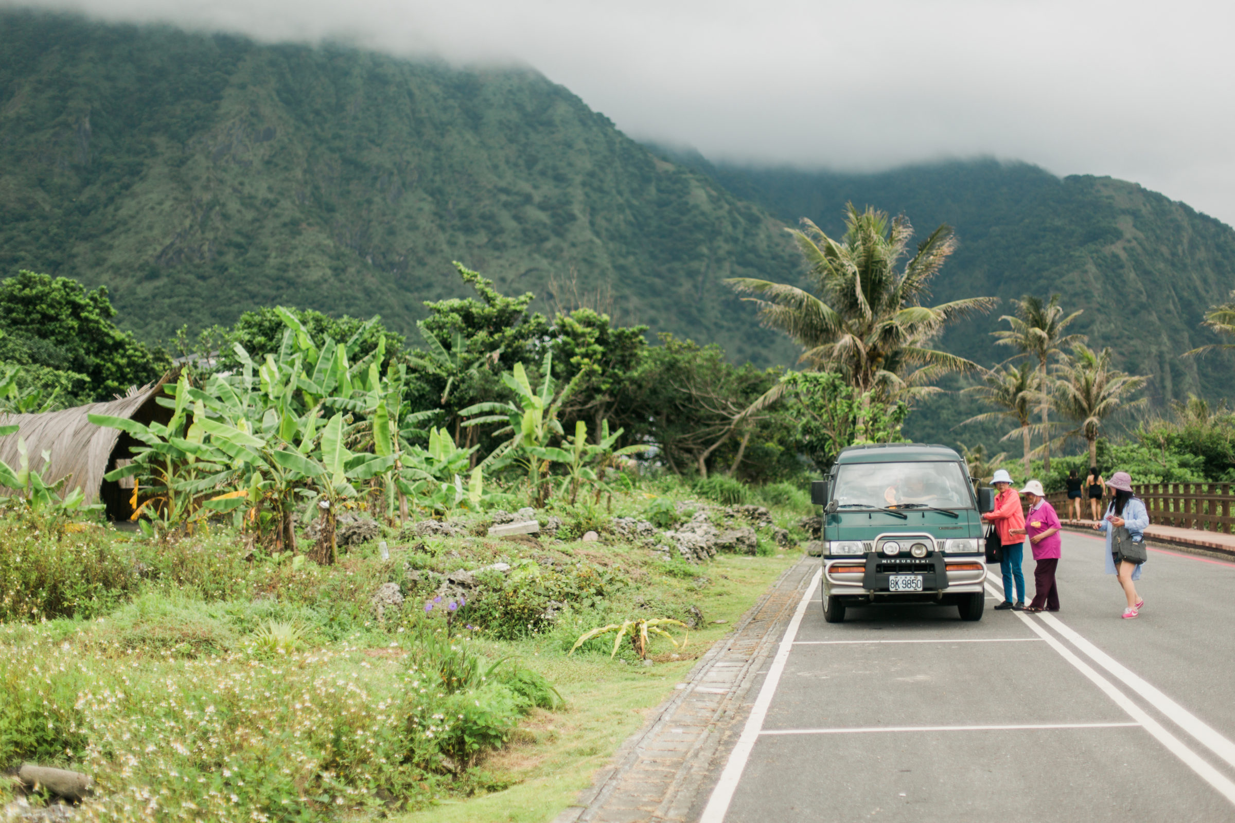 A family get into a green minivan on the side of the road bordering the dense green vegetation.