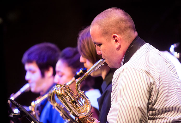 School of music concert with a focus on the saxophone players.