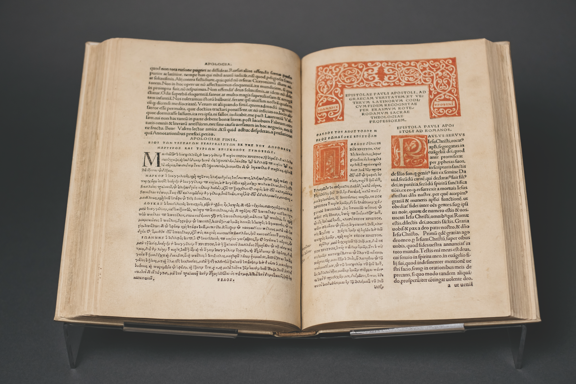 This original copy of the Erasmus Bible in Greek text, as well as his own Latin translation in parallel columns.