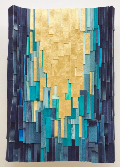 Three-dimensional art piece made out of strips of gold and blue paper.