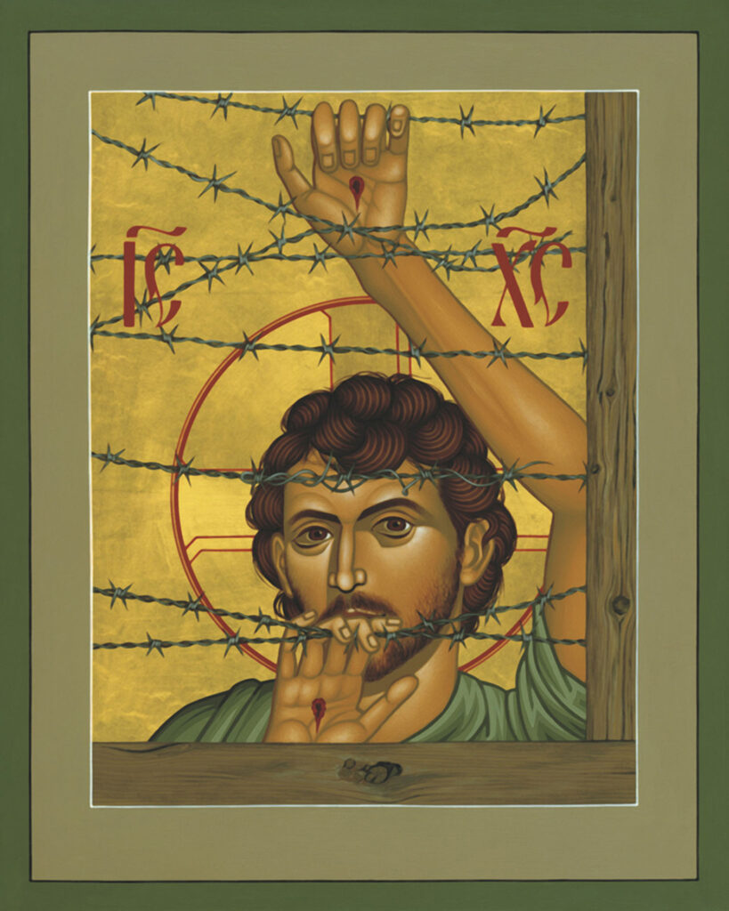 Painting of Christ looking through barbed wire fence