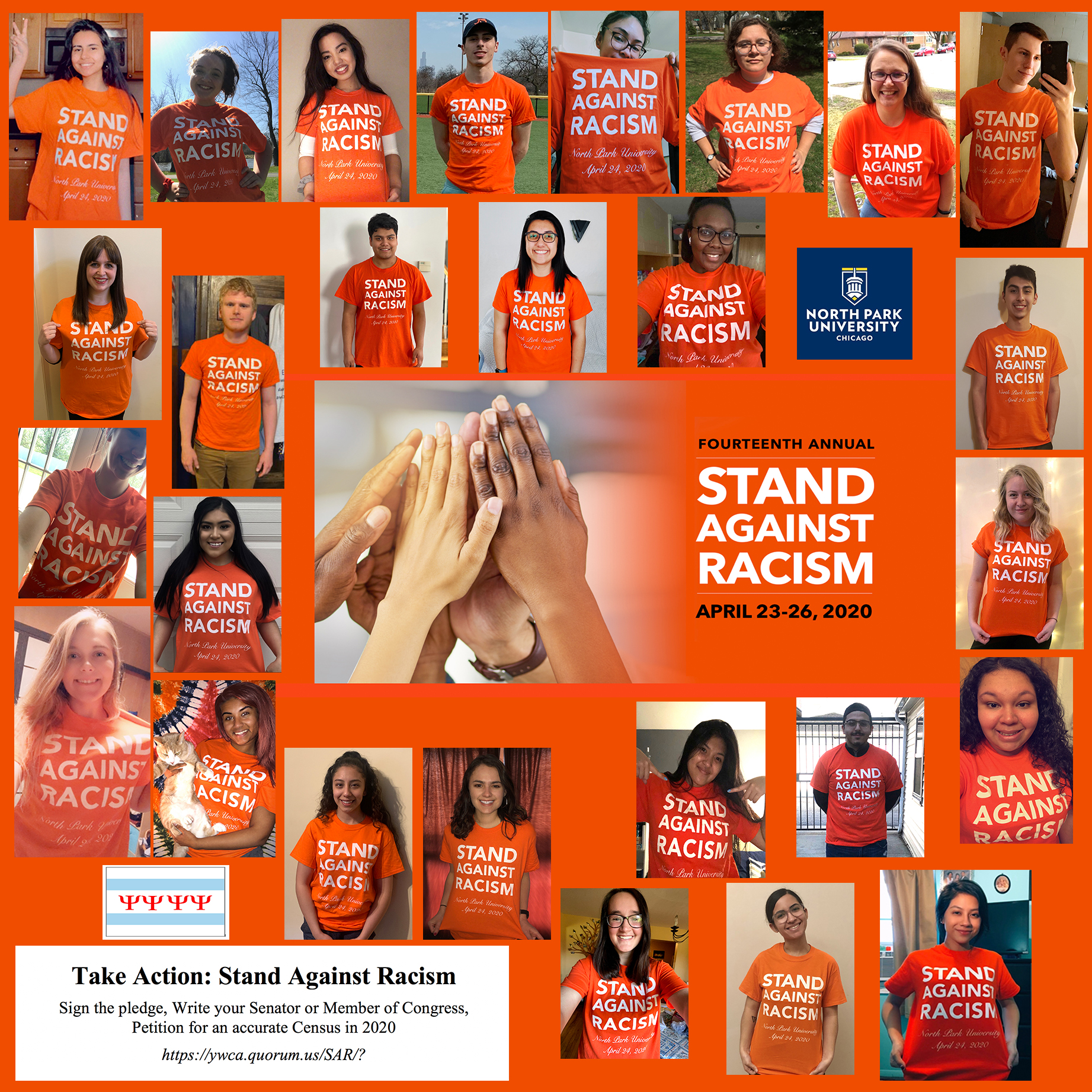 Fourteenth Annual Stand Against Racism, April 23-26, 2020, Take Action: Stand Against Racsim, Sign the Pledge, Write your senator or Member of Congress, Petition for an accurate Census in 2020 https://ywca.quorum.us/SAR/?