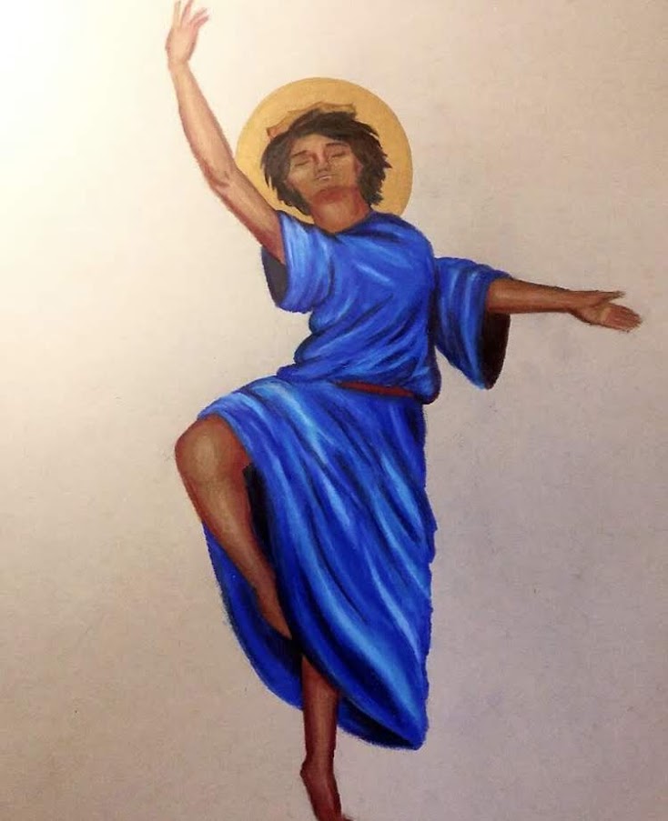 painted image of haloed man in blue robe dancing