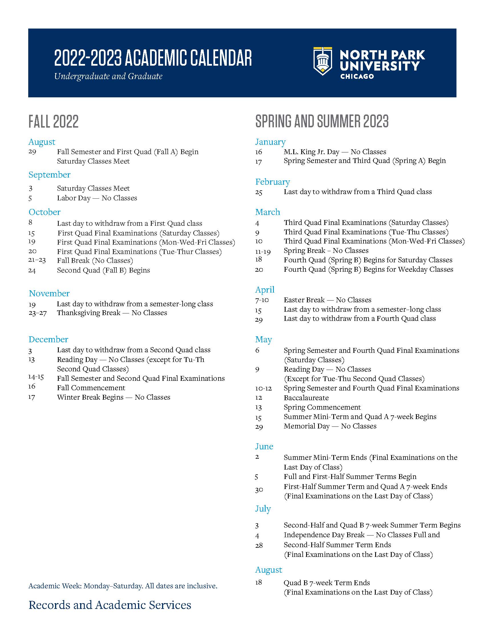 Academic Calendar North Park University