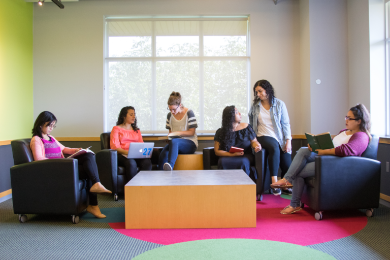 Students working together in a study space at Brandel library