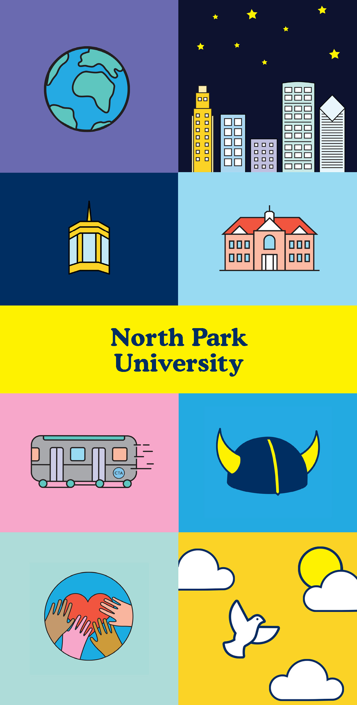 colorful graphics showing elements from Chicago. Text says North Park University.